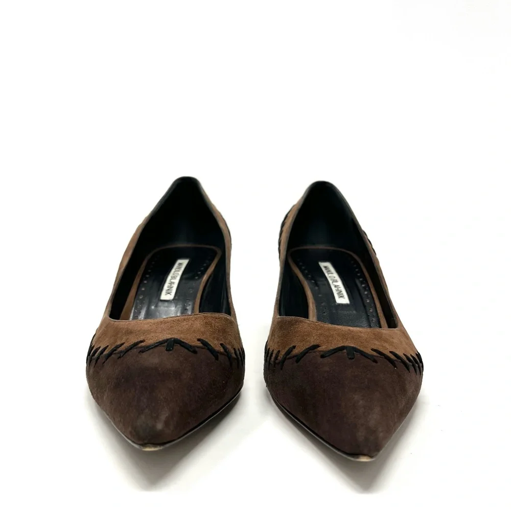 Manolo Blahnik Western Suede Kitten Low Heels Pumps Brown Tan Pointed Toe 40 10